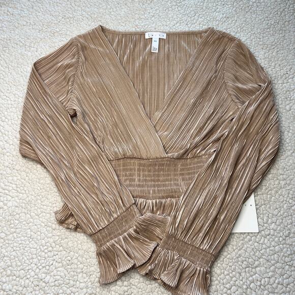 Leith Women's V-neck, Ls Pleated Cropped Elastic Waist Top, Gold XXS - Picture 1 of 11